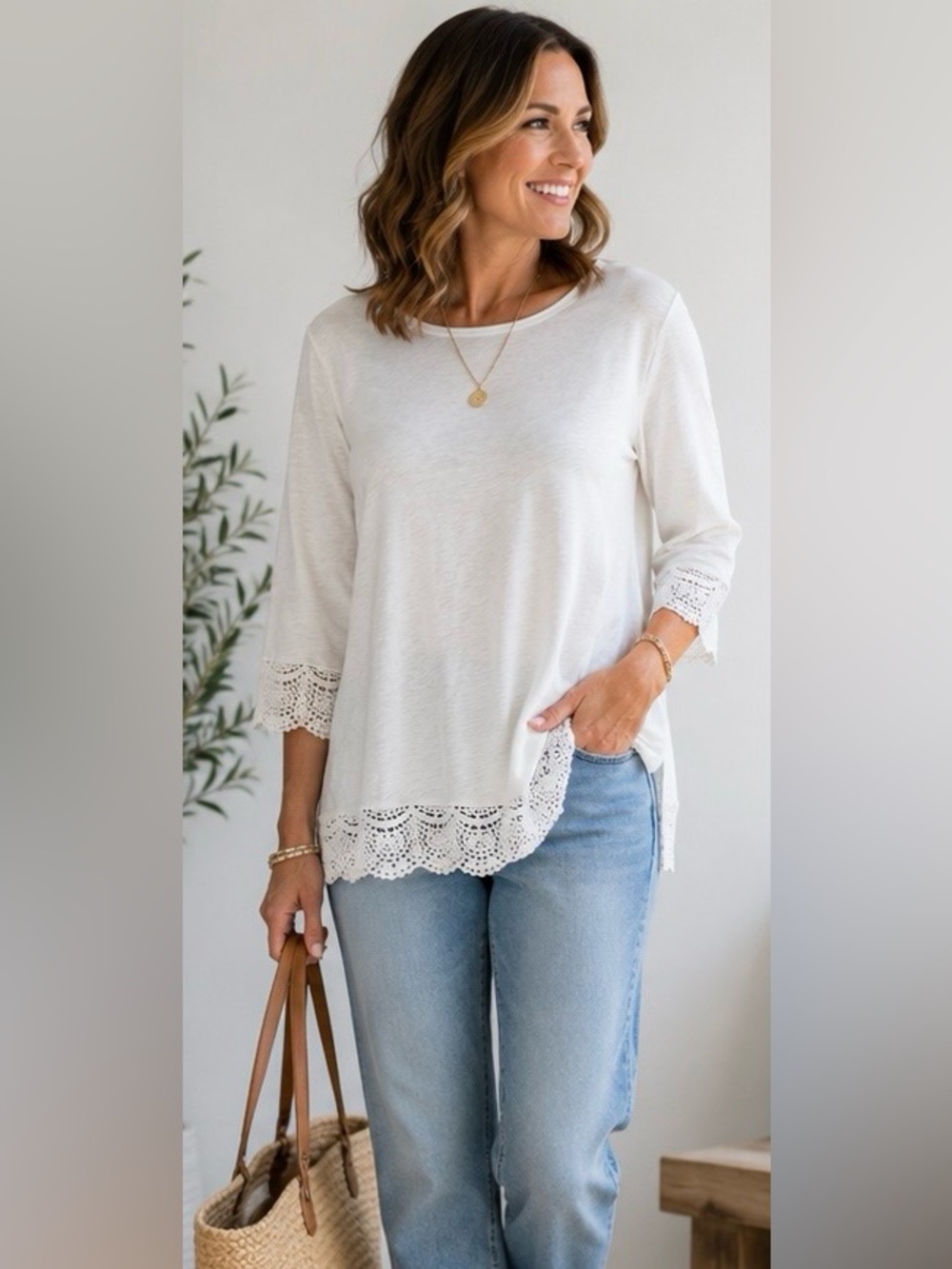 CHICO’S | White Crochet Trim Tunic Top Cotton Modal XL 16/18